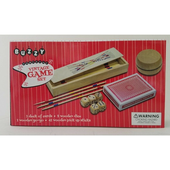 Wooden Vintage Tabletop Game Set, Cards, Dice, Yo Yo, Pick Up Sticks Family Fun - Picture 1 of 6